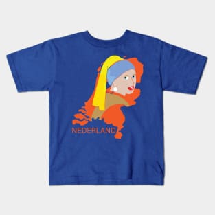 Girl With a Pearl Earring on Outline of the Netherlands Kids T-Shirt
